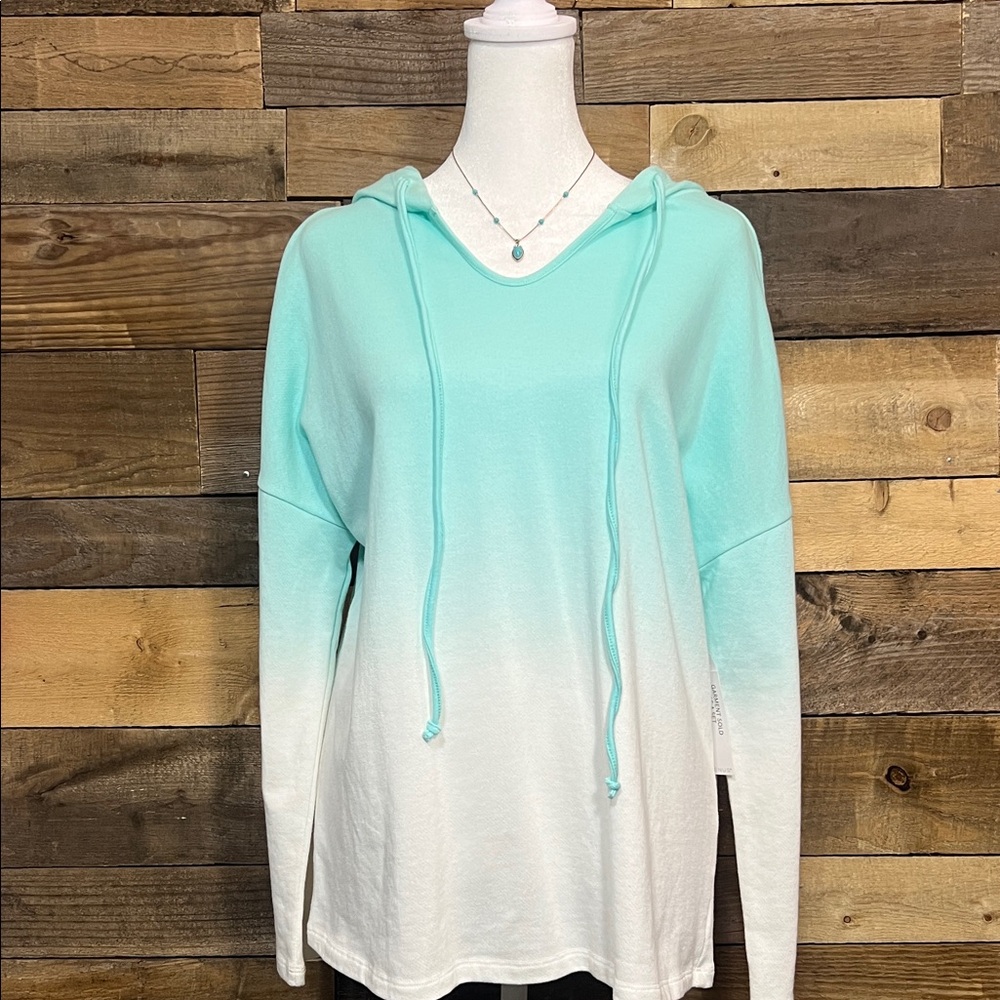 VENUS White and Mint Green/Aqua Bluish Color Hooded Knit Top Medium NWT